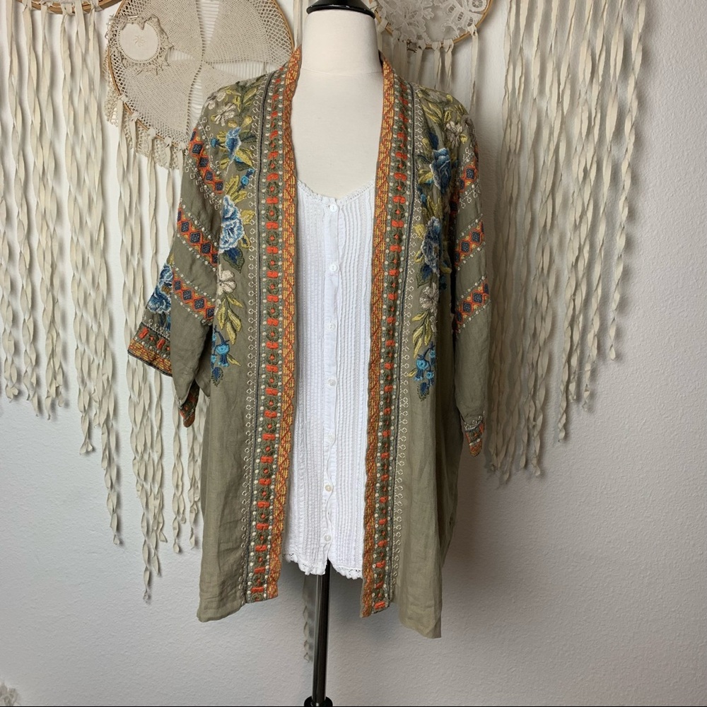 Johnny Was Olive Green Embroidered Kimono with Blue Floral Accents